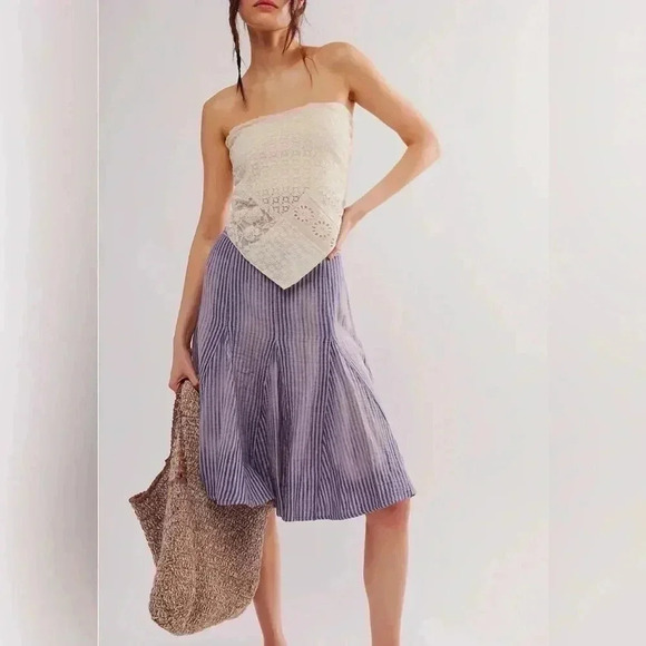 NEW Free People Candace Midi Skirt Linen Blend Summer Stripe Purple Sz S - Picture 1 of 7